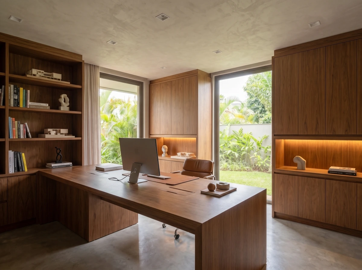 Home office sob medida com bancada e estante integrada